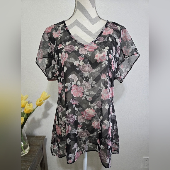 Show Me Your MuMu Tops - ​Show Me Your Mumu Sheer Rose Print Blouse Black Floral V-Neck Top